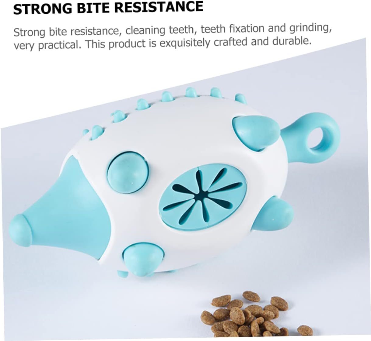 Blue HedgeBite dog toy shown from bottom angle with label 'Strong Bite Resistance,' illustrating durable, chew-resistant design for active dogs.