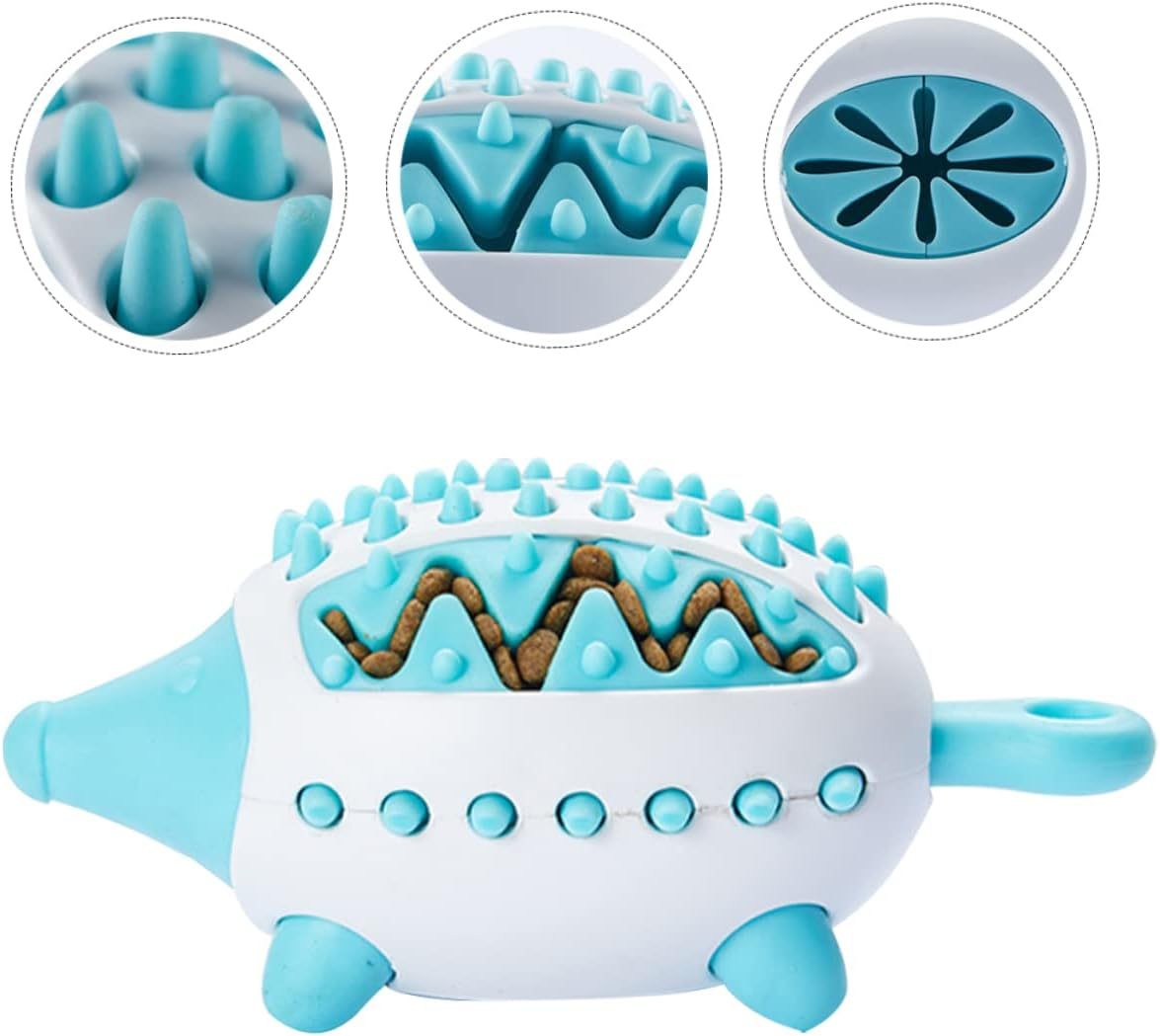 Side angle of the blue HedgeBite dog toy highlighting top hedgehog-shaped spikes, zigzag spaces on the sides for stuffing food, and food-stuffing option at the bottom.