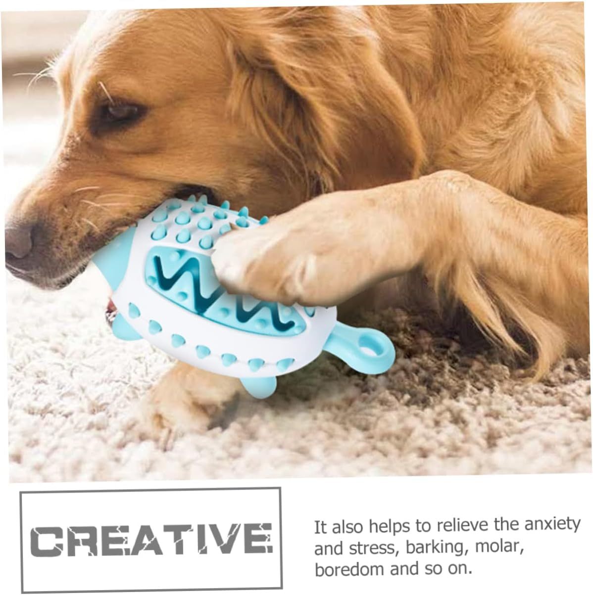 Dog chewing on blue HedgeBite hedgehog-shaped toy, engaging in interactive play for dental health and mental stimulation.