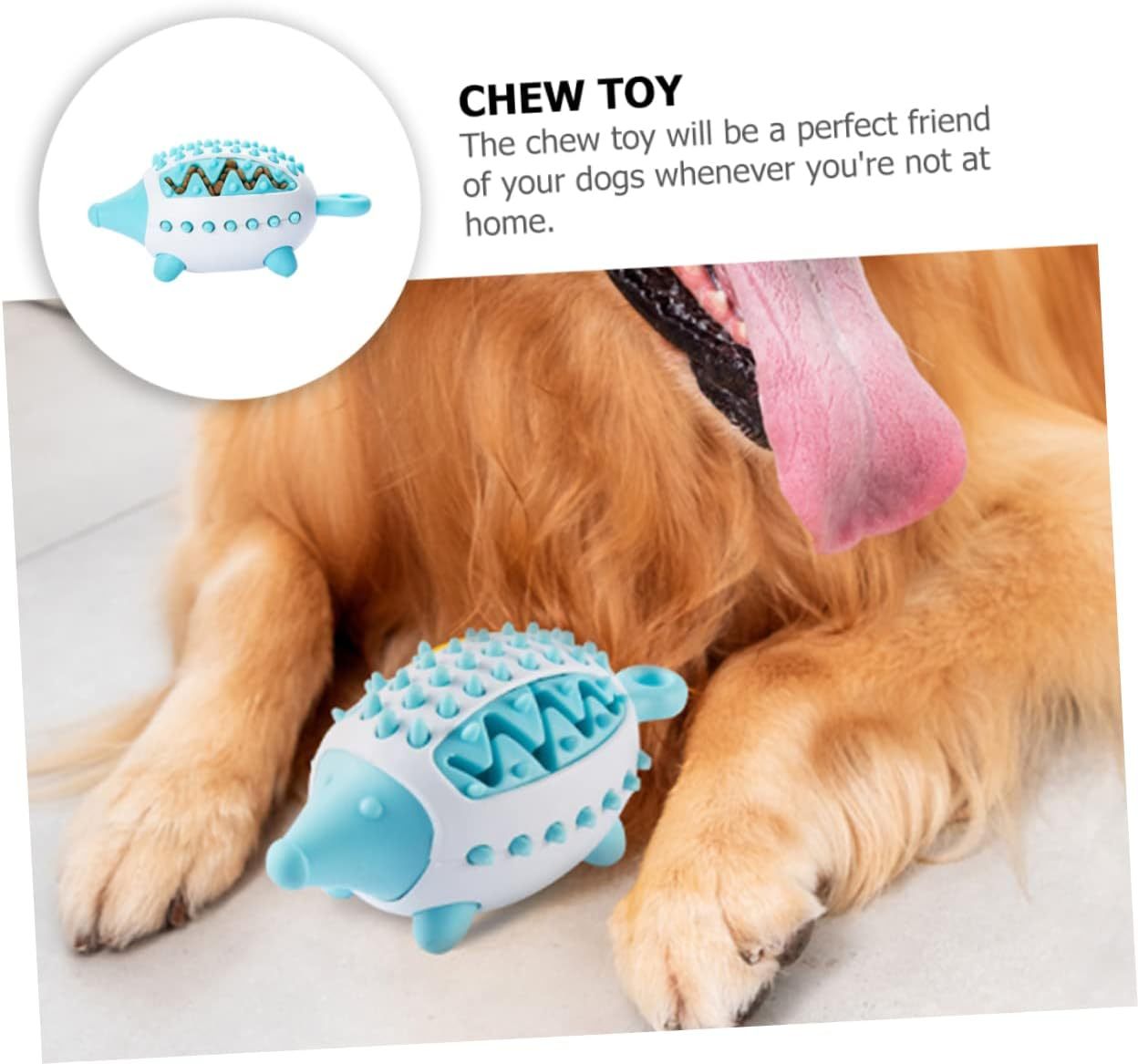 Dog holding the blue HedgeBite toy between its front legs, perfect for solo play when the owner isn't at home, with label emphasizing independence.