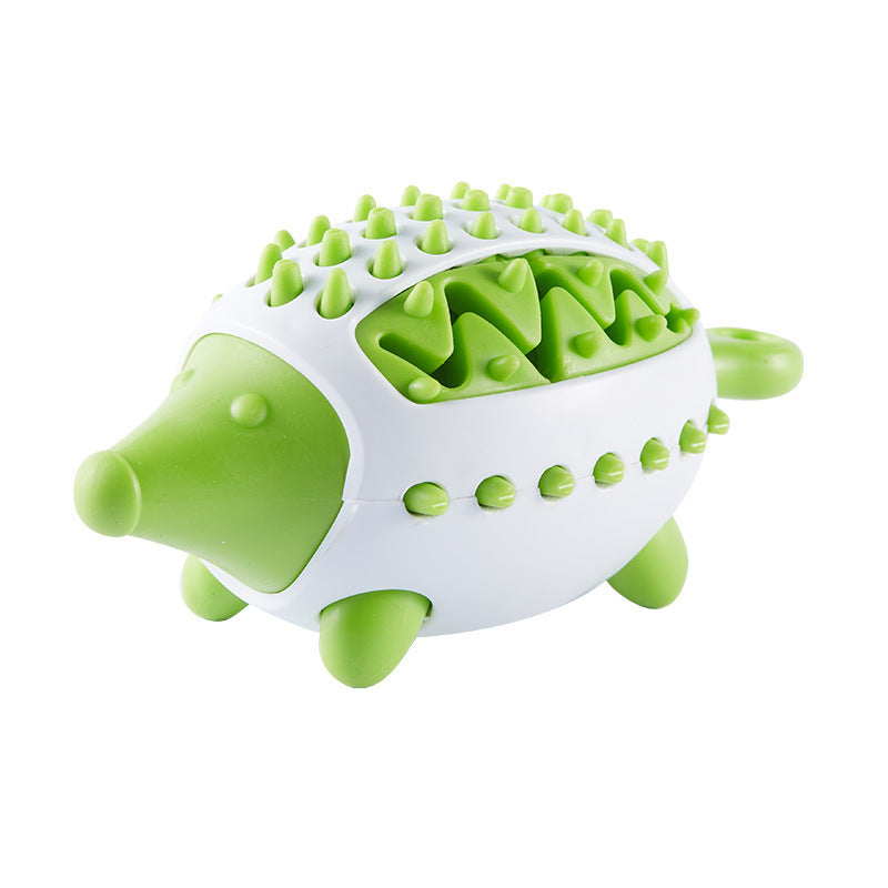 Corner angle of the green HedgeBite dog toy showing its unique hedgehog spikes and interactive design for stimulating play.