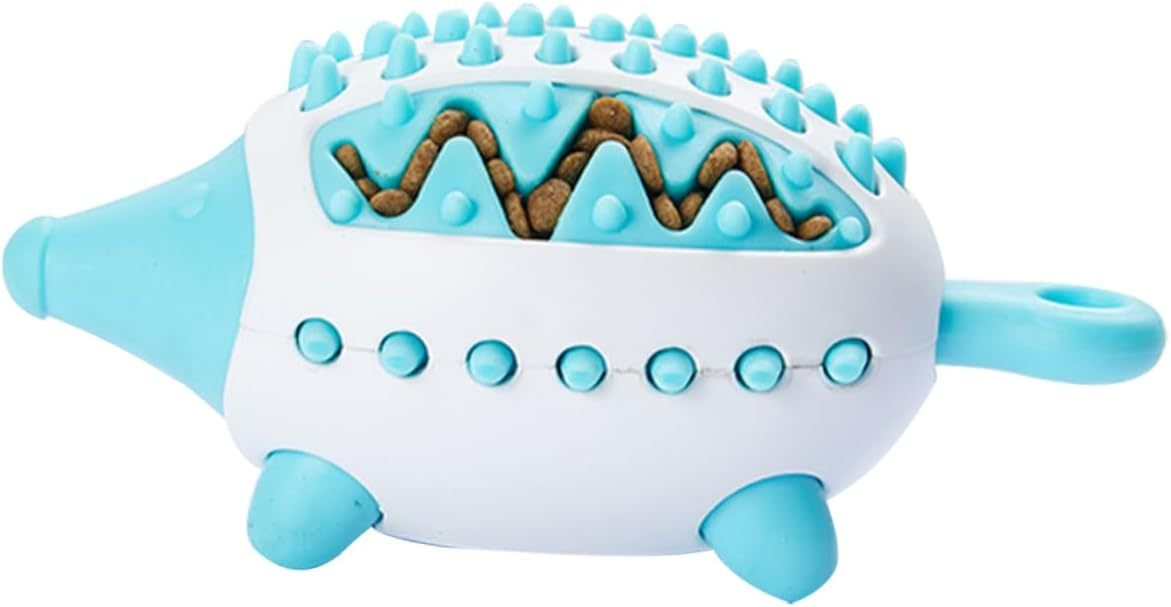 Side angle of blue HedgeBite dog toy, hedgehog-shaped treat dispenser for interactive play and dental health.