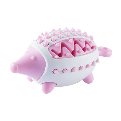 Corner angle of the pink HedgeBite dog toy highlighting its cute hedgehog spikes and treat-dispensing features for engaging playtime.