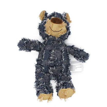 Blue Toughy Bear plush toy viewed from a lower angle, highlighting its soft, durable texture against a white background.