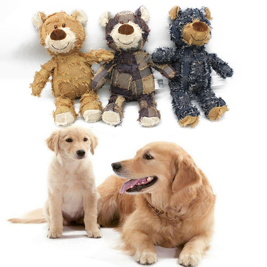 Two dogs at the bottom, with the Toughy Bear plush toys in blue, brown, and beige displayed at the top in separate sections.